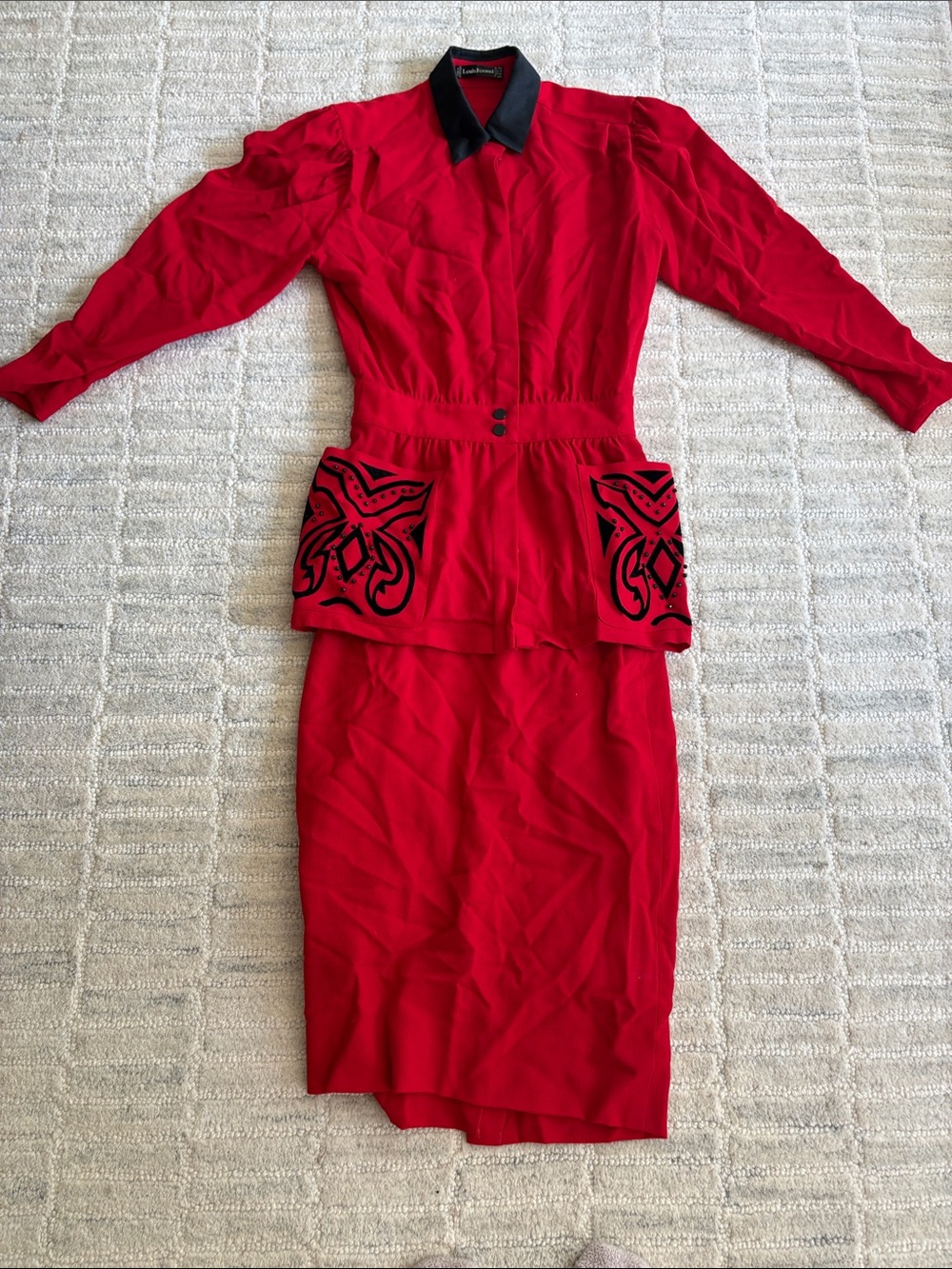 Louis Feraud Red Skirt Set with Black Trim and Embroidery